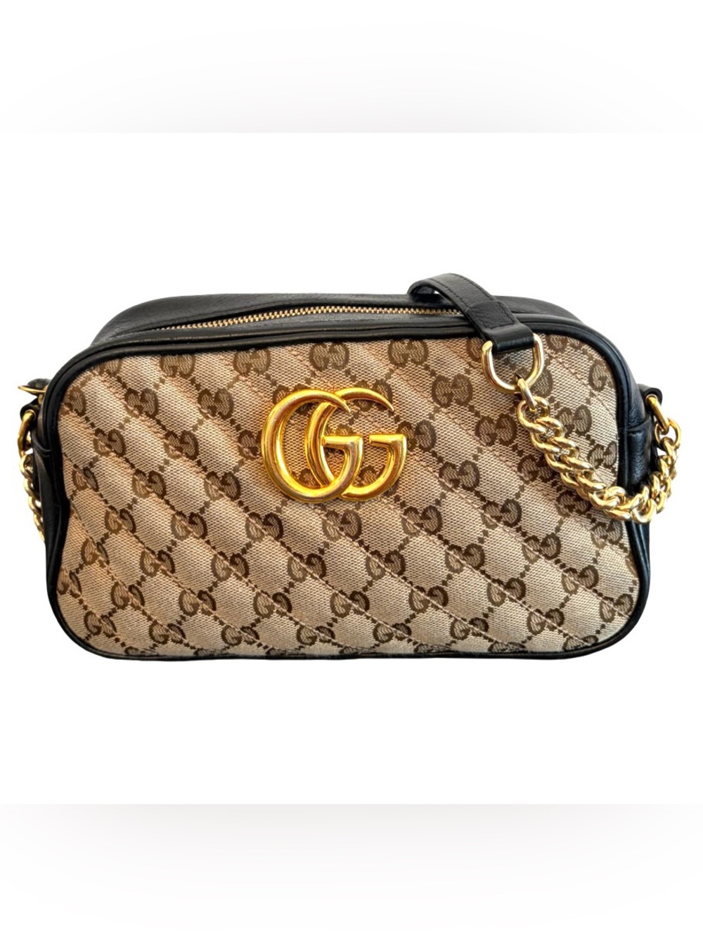 Gucci Marmont Quilted Small Shoulder Crossbody Camara Bag Canvas Black Leather - Picture 3 of 16